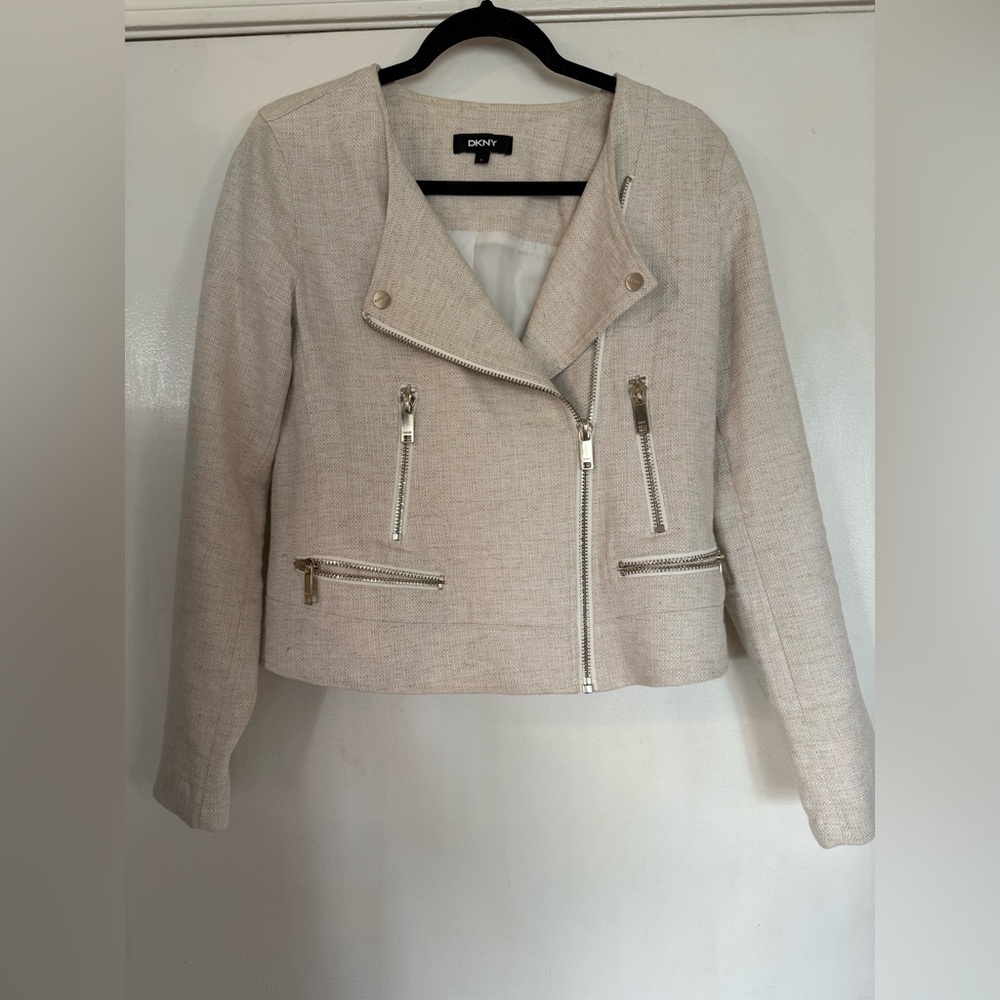 Linen Moto Jacket Beige Size Small Asymmetrical Zip
